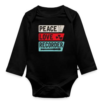 Peace Love Recorder Musical Instrument - Organic Longsleeve Baby Bodysuit - black - Front