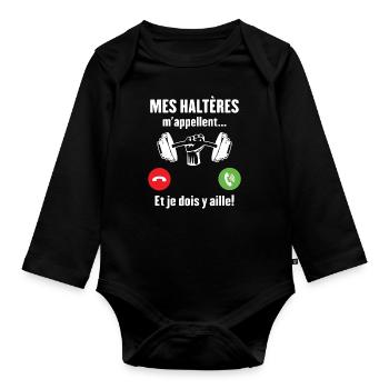 Les haltères musculation m'appellent - Body Bébé bio manches longues - noir - Devant