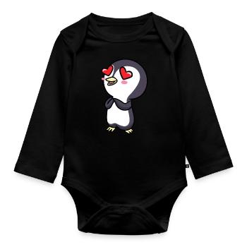Pinguin Chibi Kawaii Küsse Verliebt Emoticon - Baby Bio-Langarm-Body - Schwarz - Vorne