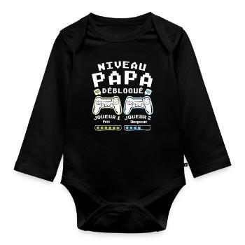 Niveau Papa Débloqué Cadeau Drôle Nouveau Papa - Body Bébé bio manches longues - noir - Devant