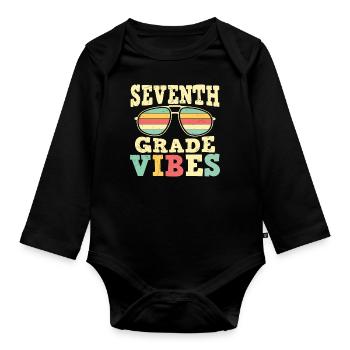 Vibes de 7ème année Retro Groovy Femmes Heureuses d’abord - Body Bébé bio manches longues - noir - Devant