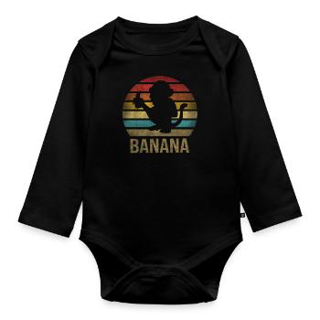 Monkey Eating Banana Dinner Retro Sunset - Organic Longsleeve Baby Bodysuit - black - Front
