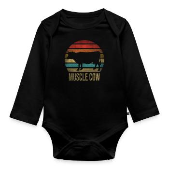 Muscle Cow Animal Rétro Coucher de soleil - Body Bébé bio manches longues - noir - Devant