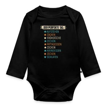 Tagesablauf eines Gamer Zocken Schlafen - Baby Bio-Langarm-Body - Schwarz - Vorne