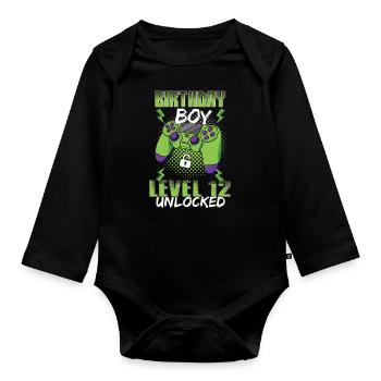 Gamer Boy Video Game Lover Age 12 Unlocked - Organic Longsleeve Baby Bodysuit - black - Front
