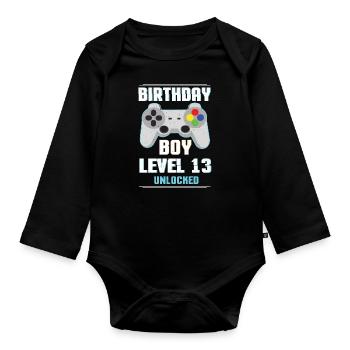 Gamer Boy Video Game Lover Age 13 Level Unlocked - Organic Longsleeve Baby Bodysuit - black - Front
