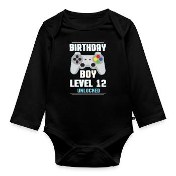 Gamer Boy Video Game Lover Age 12 Level Unlocked - Organic Longsleeve Baby Bodysuit - black - Front