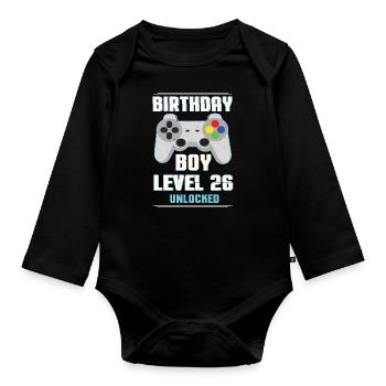Gamer Boy Video Game Lover Age 26 Level Unlocked - Organic Longsleeve Baby Bodysuit - black - Front