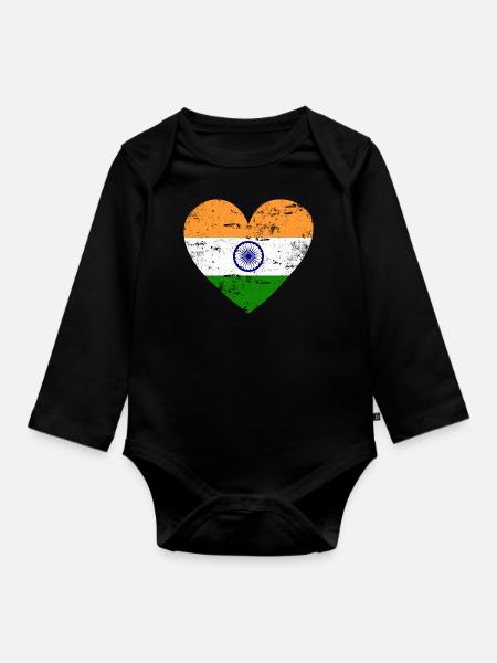 Indien Flaggenherz - Baby Bio-Langarm-Body - Schwarz