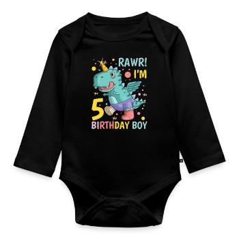 Dino 5. Geburtstag Jungen 5 Jahre Dinosaurier - Baby Bio-Langarm-Body - Schwarz - Vorne