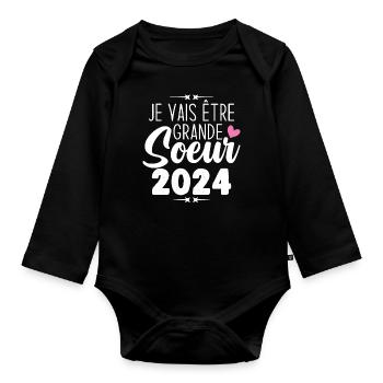 Je Vais Être Grande Sœur 2024, Annonce Grossesse - Body Bébé bio manches longues - noir - Devant