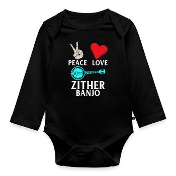 Peace Love Zither Banjo Music Instrument - Organic Longsleeve Baby Bodysuit - black - Front