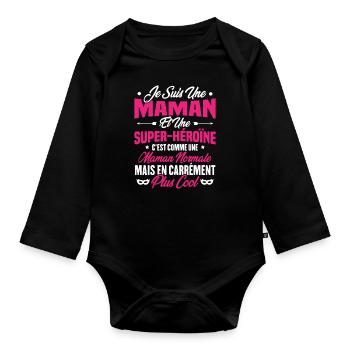 Je suis une maman et une super héroïne - Body Bébé bio manches longues - noir - Devant