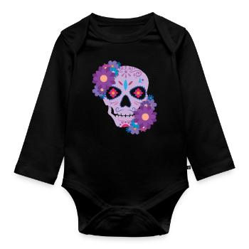 Violet Floral Sugar Bone Muertos Day Halloween - Body Bébé bio manches longues - noir - Devant