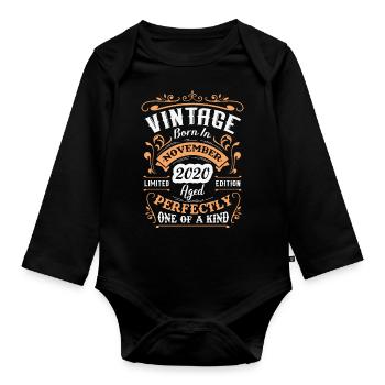 Cadeau d'anniversaire, Vintage né en novembre 2020 - Body Bébé bio manches longues - noir - Devant