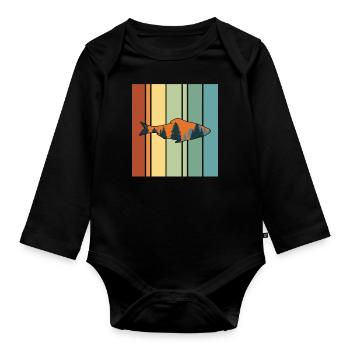 Fishing Fish Trees Mountain Retro Vintage - Organic Longsleeve Baby Bodysuit - black - Front