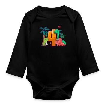 4th Birthday Trex Triceratops Dinosaur 4 years - Organic Longsleeve Baby Bodysuit - black - Front