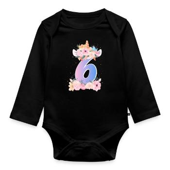 6 Unicorn Crown Doux bouquet de fleurs 6ème anniversaire - Body Bébé bio manches longues - noir - Devant