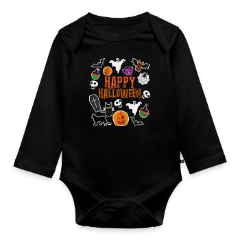 Joyeux Halloween Citrouille Lanterne Fantôme Fantôme - Body Bébé bio manches longues - noir - Devant