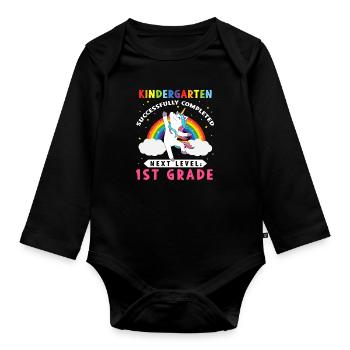 Kindergarten erfolgreich abgeschlossen Einhorn - Baby Bio-Langarm-Body - Schwarz - Vorne