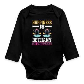 Happiness is the belief in unicorn unicorn - Organic Longsleeve Baby Bodysuit - black - Front