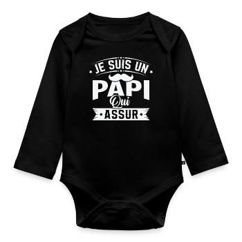Je suis un Papi qui assure, Cadeau grand père - Body Bébé bio manches longues - noir - Devant