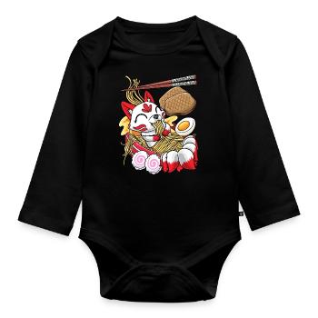 Kawaii Kitsune Fox Ramen Nudeln Japanisches Essen - Baby Bio-Langarm-Body - Schwarz - Vorne