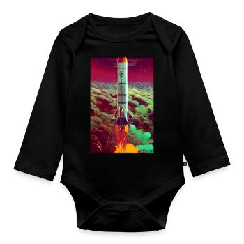 Rocket Launch Space Stars Clouds - Organic Longsleeve Baby Bodysuit - black - Front