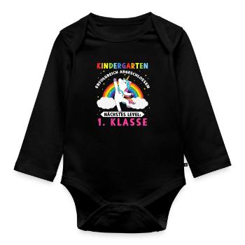 Kindergarten abgeschlossen Nächstes Level 1 Klasse - Baby Bio-Langarm-Body - Schwarz - Vorne