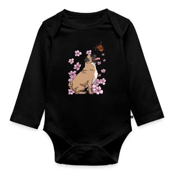 Mops Schmetterling Japanische Sakura-Kirschblüte - Baby Bio-Langarm-Body - Schwarz - Vorne