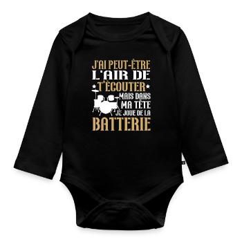 Dans ma tête je joue de la batterie - Body Bébé bio manches longues - noir - Devant