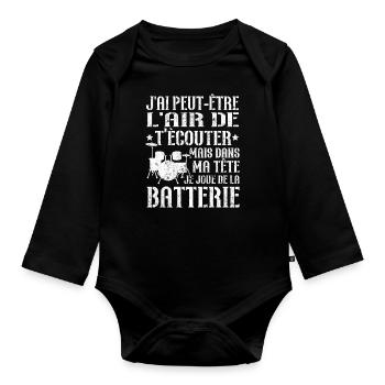 Dans ma tête je joue de la batterie - Body Bébé bio manches longues - noir - Devant