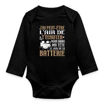 Dans ma tête je joue de la batterie - Body Bébé bio manches longues - noir - Devant