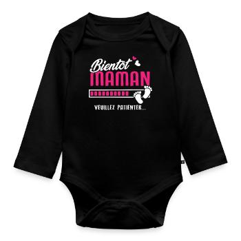bientôt maman veuillez patienter - Body Bébé bio manches longues - noir - Devant