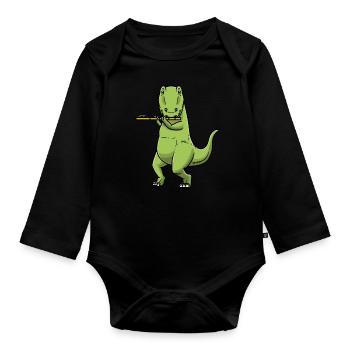 T-Rex Dinosaur Flute Musician Orchestra - Organic Longsleeve Baby Bodysuit - black - Front