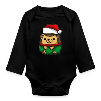 Hérisson avec chapeau de Noël Costume de Noël - Body Bébé bio manches longues - noir - Devant
