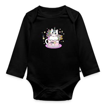 Einhorn Unicorn Cat Katze - Baby Bio-Langarm-Body - Schwarz - Vorne