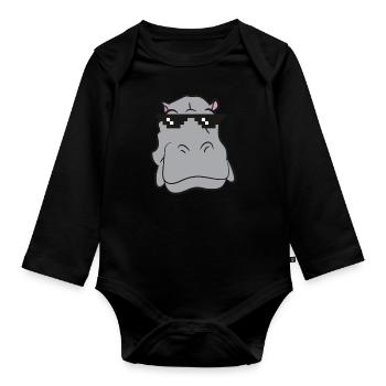Hippo - Head with sunglasses - Organic Longsleeve Baby Bodysuit - black - Front