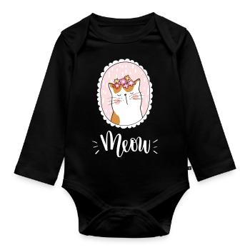 Niedliche Kawaii lustige Katze mit Blumen, die Miauen sagen - Baby Bio-Langarm-Body - Schwarz - Vorne