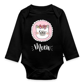 Niedliche Kawaii lustige Katze mit Blumen, die Miauen sagen - Baby Bio-Langarm-Body - Schwarz - Vorne