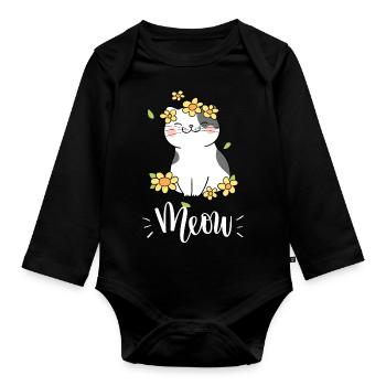 Chat mignon kawaii drôle avec des tournesols disant miaulement - Body Bébé bio manches longues - noir - Devant
