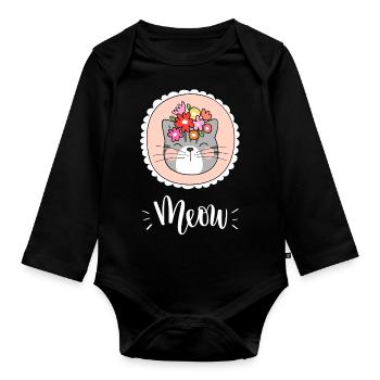 Niedliche Kawaii lustige Katze mit Blumen, die Miauen sagen - Baby Bio-Langarm-Body - Schwarz - Vorne