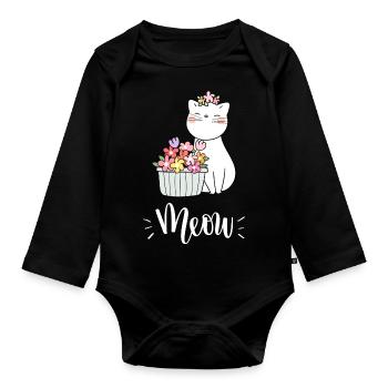 Niedliche Kawaii lustige Katze mit Blumen, die Miauen sagen - Baby Bio-Langarm-Body - Schwarz - Vorne