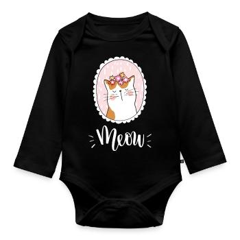Niedliche Kawaii lustige Katze mit Blumen, die Miauen sagen - Baby Bio-Langarm-Body - Schwarz - Vorne