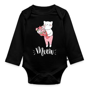 Niedliche Kawaii lustige Katze mit Blumen, die Miauen sagen - Baby Bio-Langarm-Body - Schwarz - Vorne