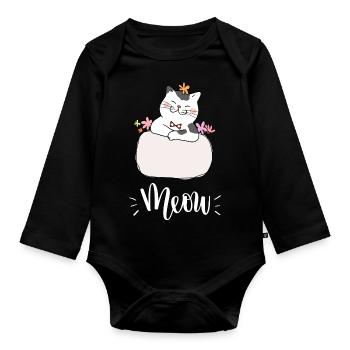 Niedliche Kawaii lustige Katze mit Blumen, die Miauen sagen - Baby Bio-Langarm-Body - Schwarz - Vorne