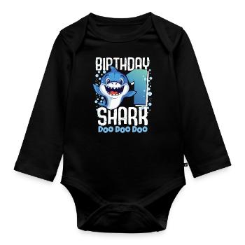 Birthday Shark 1. Geburtstag Haifisch 1 Jahr Hai - Baby Bio-Langarm-Body - Schwarz - Vorne