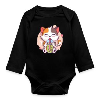 Anime Kawaii Katze Trinkt Boba Tea bubble Tea - Baby Bio-Langarm-Body - Schwarz - Vorne