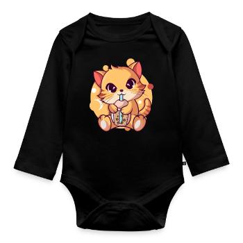 Anime Kawaii Katze Trinkt Boba Tea bubble Tea - Baby Bio-Langarm-Body - Schwarz - Vorne