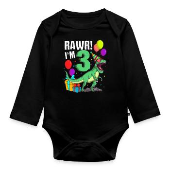 3rd birthday I am 3 years T-Rex dinosaur - Organic Longsleeve Baby Bodysuit - black - Front